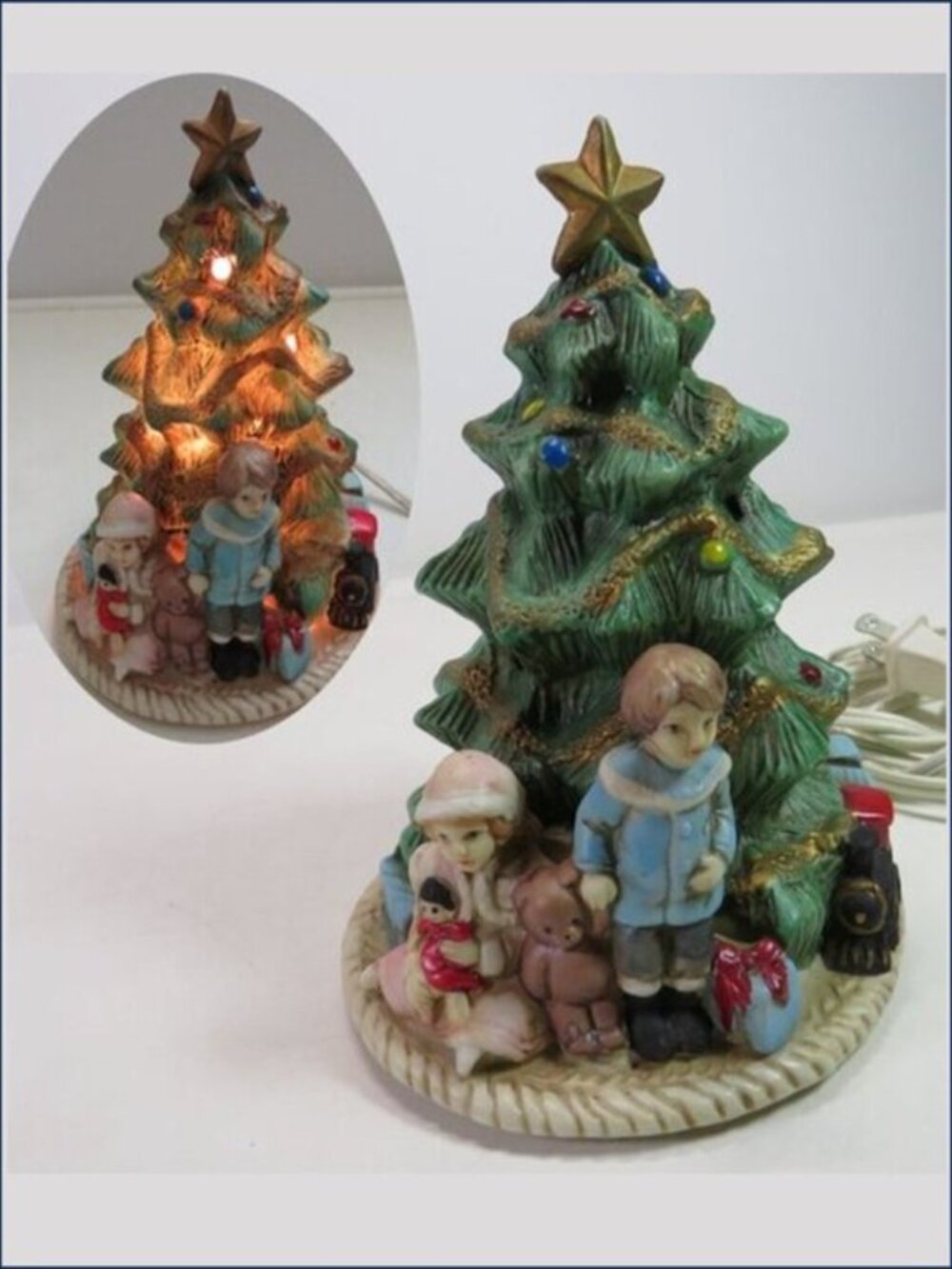 VTG Inspired Light Up Christmas Tree Cottagecore Resin Kids Train 7" warm gold